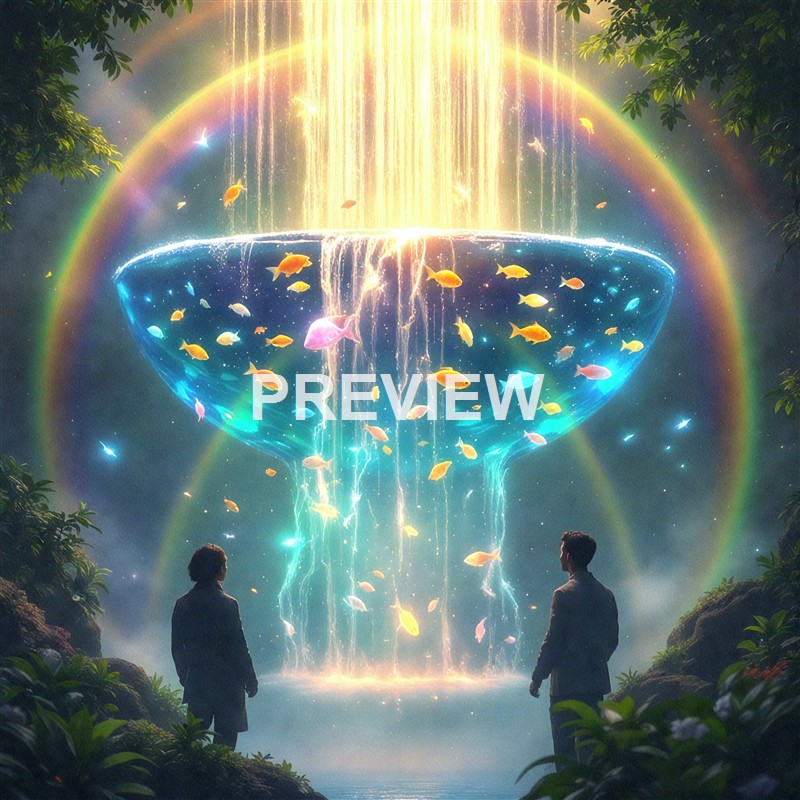 Two people are standing in a lush, green forest observing a large, glowing, surreal water fountain that appears to be floating in mid-air, emitting colorful streams of light and surrounded by vibrant fish and rainbow-like arcs.